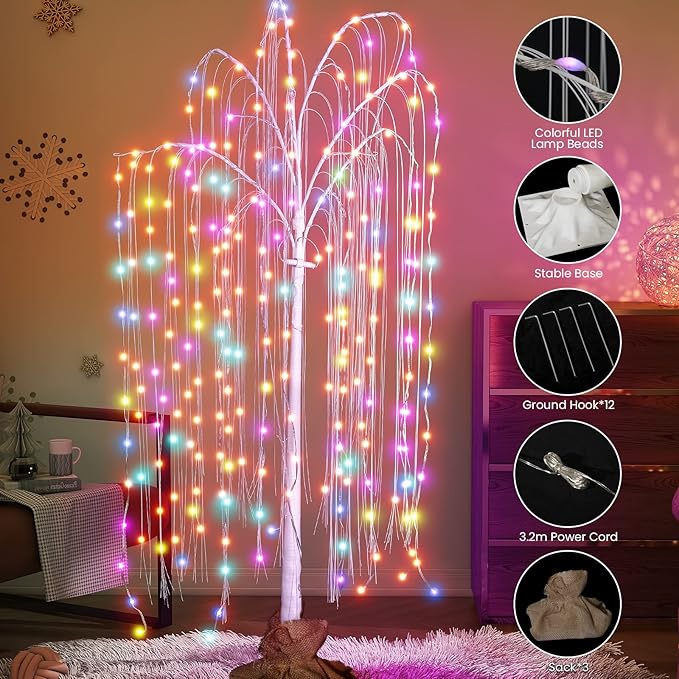Lamerge 3pcs Lighted Willow Tree Decorations,4FT+5FT+6FT Colorful Birch Tree RGB LED Trees with Remote,Weeping Willow Tree Indoor/Outdoor Lighted Christmas Tree Decorations for Yard