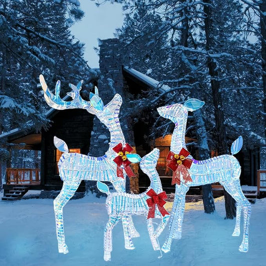 50" Outdoor Lighted Iridescent Reindeer Christmas Decorations, 3-Piece Reindeer Family Set with 210 LEDs, Ground Stakes, Durable Weatherproof Metal Frame for Yard, Garden, Indoor Holiday Decor