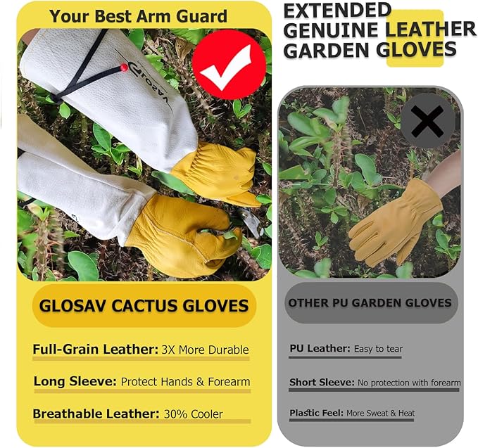 Gardening Gloves Thorn Proof for Rose Pruning & Cactus Trimming, Long Leather Garden Gloves for Women & Men (Small)