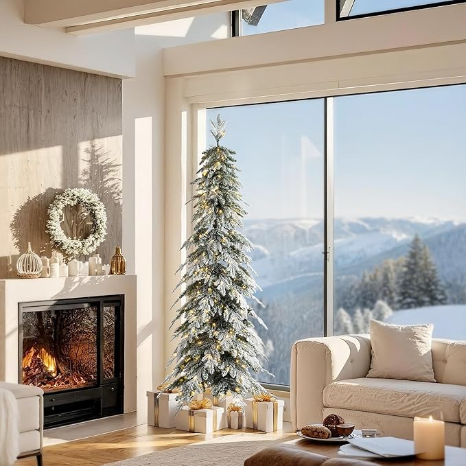 Glitzhome 7.5ft Prelit Christmas Tree, Artificial Christmas Tree with 350 Warm White Lights, Flocked Pencil Christmas Trees Chicago Frostwood Spruce with 1211 PE&PVC Branch Tips,Sturdy Metal Stand