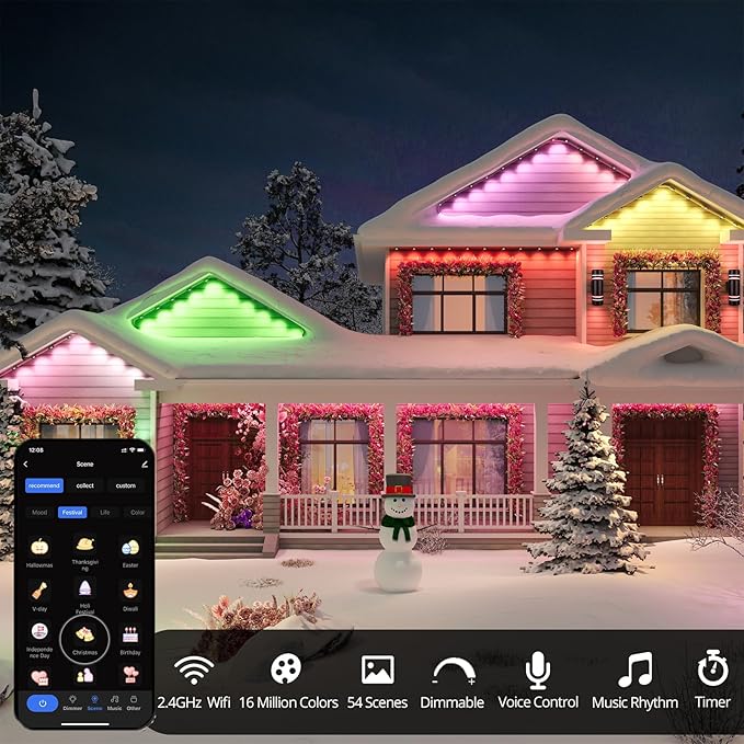 Permanent Outdoor Lights, RGB+IC 100FT Smart LED Eaves Lights,72 Color-Changing Waterproof Lights with 63 Scene Modes,APP & Voice Control, Ideal for Christmas, Halloween, Parties, and Holiday Décor