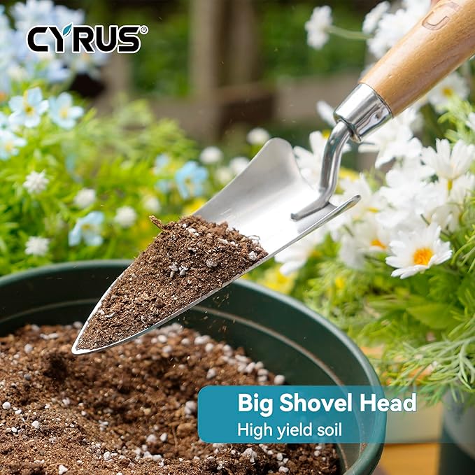 CYRUS 12.4”Garden Shovel,Heavy Duty Small Stainless Steel Garden Trowel with Ash Wood Handle,Suitable for Planting,Measuring,Weeding Multi-Purpose Garden Spade