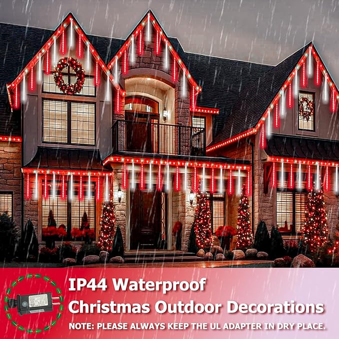 2-Pack Extendable Meteor Shower Christmas Lights Outdoor, 16 Tubes 384 LEDs Waterproof Falling Rain String Lights, Christmas String Lights Outdoor for Tree Garden Holiday Decorations (Red and White)