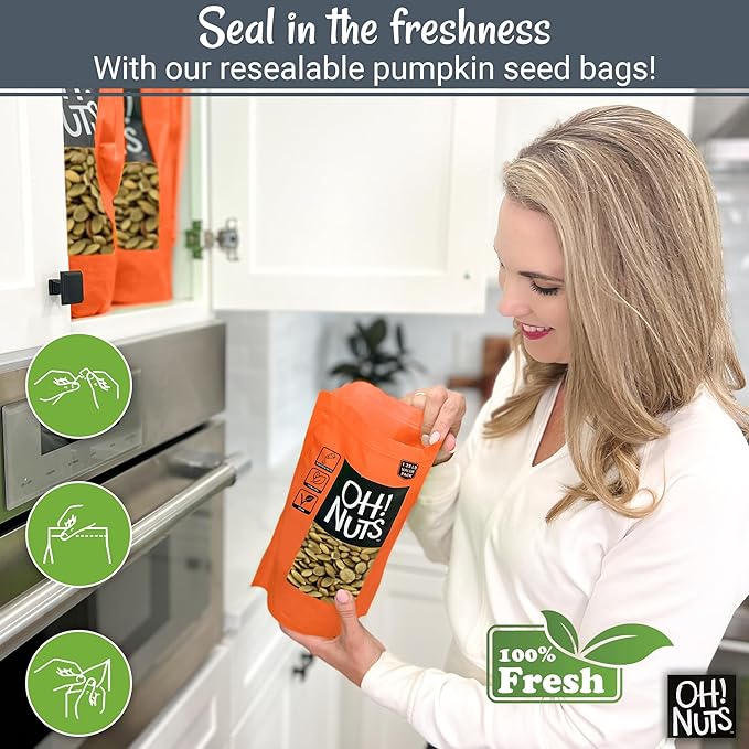 Oh! Nuts Pumpkin Seeds - Roasted Salted - 1.25 lb - No Shell Pepitas - Packed in New York Zip-Seal Bag for Exceptional Freshness