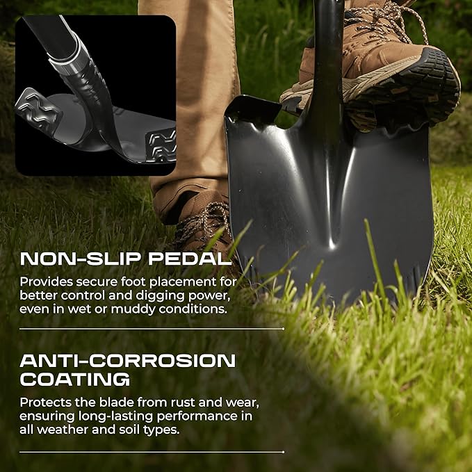 CKG Carbon Garden Shovel for Digging 43 Inches, Heavy Duty Gardening Shovel with Round Blade and Comfortable D Grip Spade Shovel for Gardening, Landscaping, Construction, Round Blade