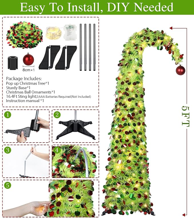 HMASYO 5 FT Whimsical Pop Up Christmas Tree with Timer Lights, Lime Green Christmas Tinsel Tree Collapsible Artificial Pencil Tree for Indoor Home Apartment Porch Holiday Party Decorations
