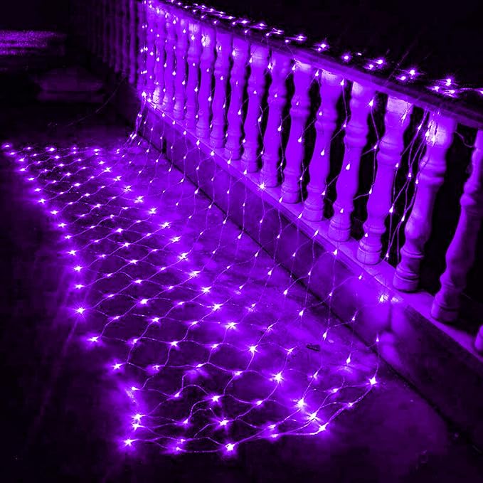 Dazzle Bright Halloween 200 LED Net Lights, 9.8 FT x 6.6 FT Connectable Mesh Lights Clear Wire with 8 Lighting Modes, Halloween Decorations for Indoor Outdoor Bush Yard Garden Decor (Purple)