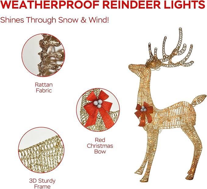 Outdoor Lighted Reindeer Family Christmas Decor, 3-Piece Large Deer (Buck/Doe/Fawn) Holiday Lawn Decorations Set, 210 Warm White LED, Metal & Rattan, Perfect for Yards, Garden