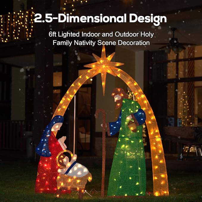 Hykolity 6FT 2.5D Nativity Scene Lighted Outdoor Christmas Decoration, 210 Warm White LEDs with Outdoor Transformer, Stained-Glass Fabric Figures & 5ft Pull Cord, Yard Decor