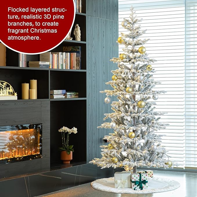 Glitzhome 8ft Deluxe Pre-Lit Flocked Artificial Christmas Tree, Majestic Frostfall Fir Hinged Holiday Xmas Tree with 450 Warm White Lights, Three Function, Easy Assembly