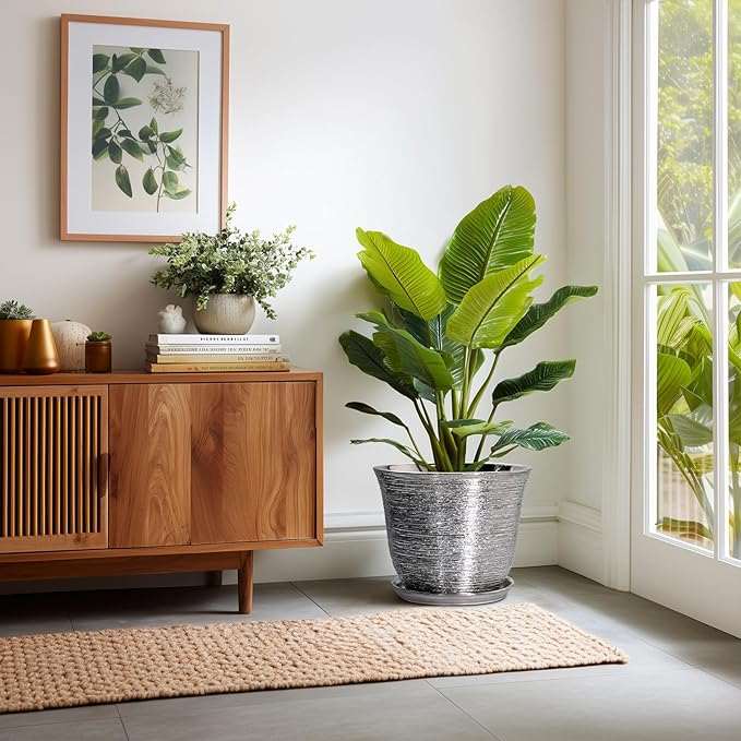 Ceramic Planter - 12 Inch Pots for Plants Indoor Outdoor, Round Planter with Drainage Hole and Saucer, Modern Decorative Planters, Large Plant Pot, House Patio Decor, Garden Gifts, Silver