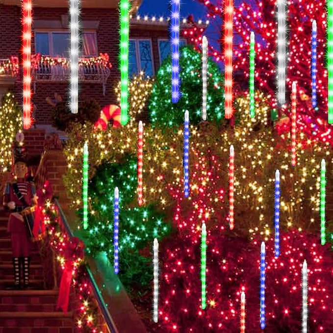 LJLNION Meteor Shower Lights, 12 Inch Outdoor Icicles Christmas Lights, 8 Tubes 288 LED Iciclelights Snow Falling Light, Connectable Raindrop Light, Xmas Wedding Party Tree Holiday Decor, Multicolor