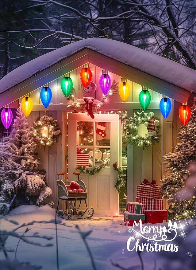 Minetom 2 Pack Super Jumbo Christmas String Lights or Pathway Marker Lights, Outdoor Xmas Decorations, 11Ft 5 LED Jumbo C9 Hanging Light Waterproof Lawn Dec for Holiday Home Tree Roof Yard, Multicolor