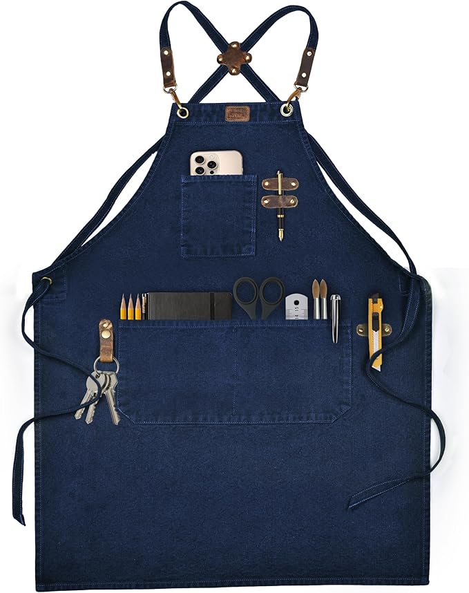 LEATHER VILLAGE Chef Aprons for Men Women with Large Pockets, Cotton Canvas Cross Back Adjustable Work Apron, Size M to XXL