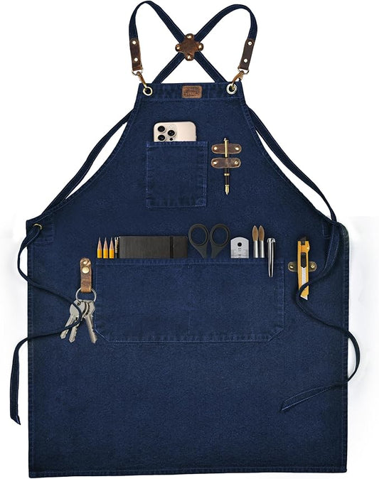 LEATHER VILLAGE Chef Aprons for Men Women with Large Pockets, Cotton Canvas Cross Back Adjustable Work Apron, Size M to XXL