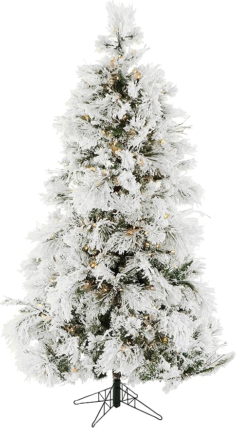 Fraser Hill Farm 7.5-Feet Pre-Lit Snow Flocked Snowy Pine Artificial Christmas Tree with Warm White LED String Lights, Full Silhouette, Realistic Foliage, Stand Included