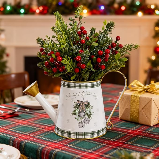 Vintage Metal Christmas Watering Can Decor - Wonderful Winter Days Design with Bell Wreath, Rustic Farmhouse Watering Pot Garden Decorative Planter for Holiday Home Mantel Tabletop Xmas Decor