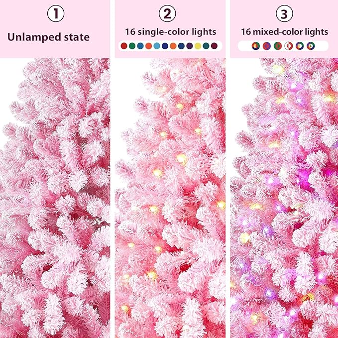 SHareconn 6ft Prelit Snow Flocked Spruce Artificial Christmas Tree with Remote (Upgraded), 330 Pre-Lit Multi-Color RGB Lights, Full Snow Branch Tips for Home, Office, Xmas Decoration, 6 FT Pink
