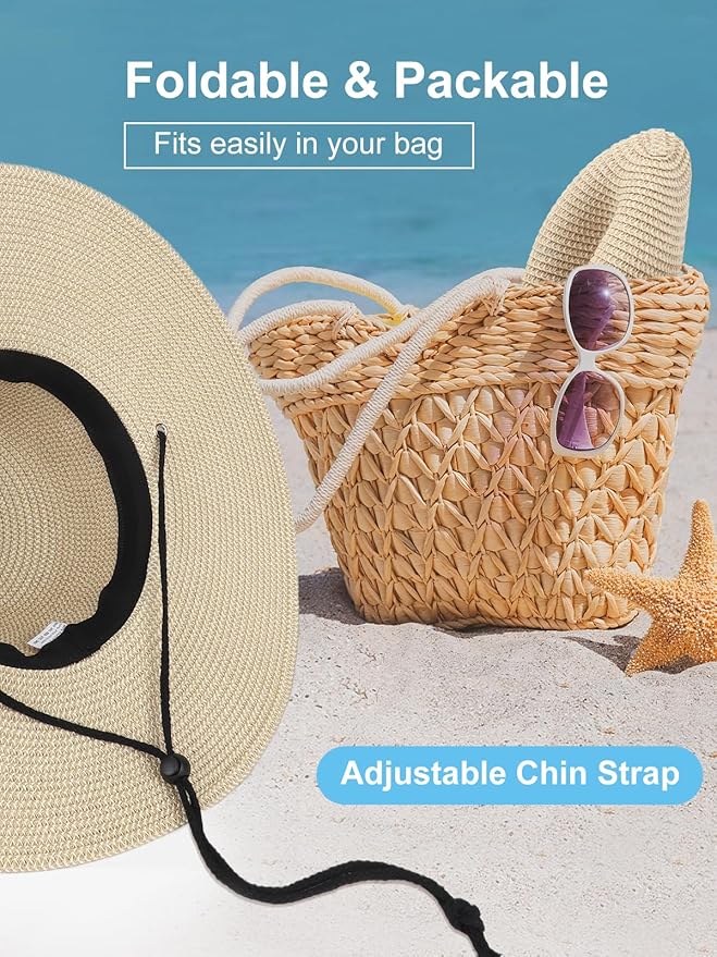 Senker Fashion Sun Hats for Women, Wind Lanyard Wide Brim Straw Hat for Summer Beach Garden Vacation Foldable UPF 50+