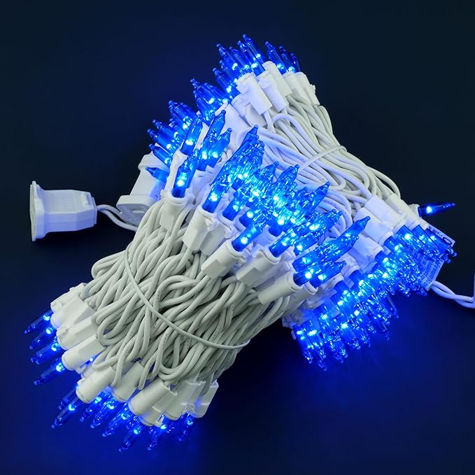 YULETIME 200 Blue Christmas Lights, Pack of 2 Strands of 21 ft 100 Count UL Certified Mini String Light (Blue - White Wire)
