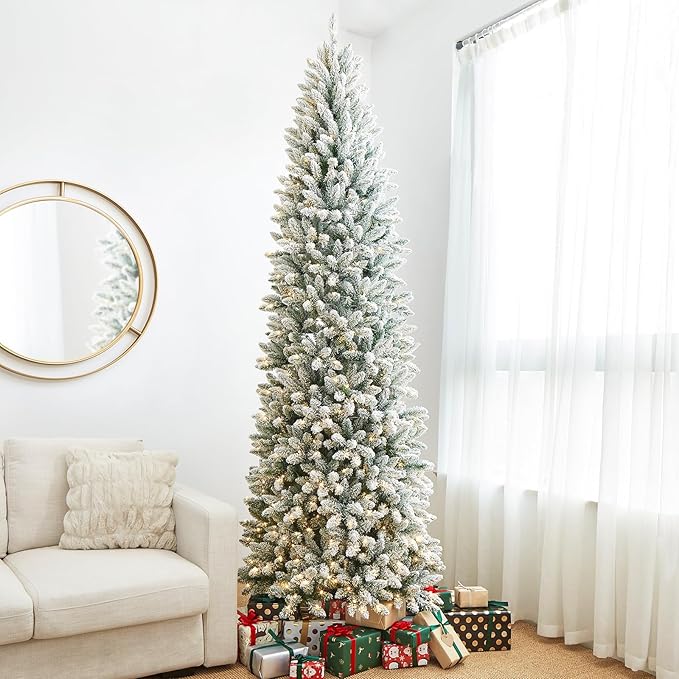 Glitzhome 9ft Pre-Lit Artificial Christmas Tree, Snowy Splendor Fir Hinged Holiday Christmas Tree Flocked Pencil Xmas Tree with 600 Warm White Lights for Home, Office, Party Decoration