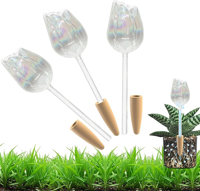 3 Pack Non-Clogging Iridescent Tulip Plant Watering Globes with Terracotta Spikes, Hand Blown Glass Self Watering Planter Insert Plant Watering Devices Bulbs for Indoor and Outdoor Plants