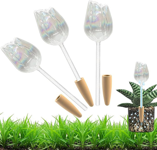 3 Pack Non-Clogging Iridescent Tulip Plant Watering Globes with Terracotta Spikes, Hand Blown Glass Self Watering Planter Insert Plant Watering Devices Bulbs for Indoor and Outdoor Plants