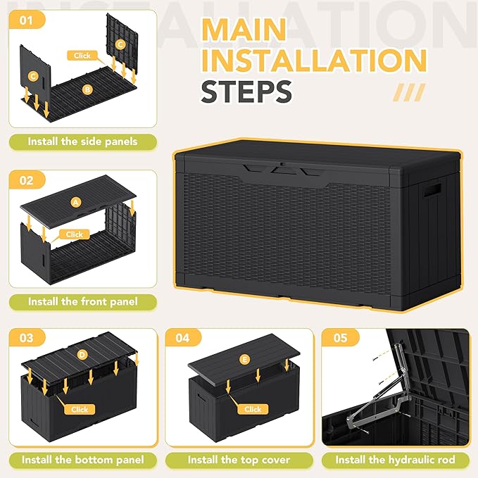 Greesum 100 Gallon Resin Deck Box Lockable Large Outdoor Storage Boxes for Garden Tools, Patio Furniture Cushions, Pool Supplies, Black