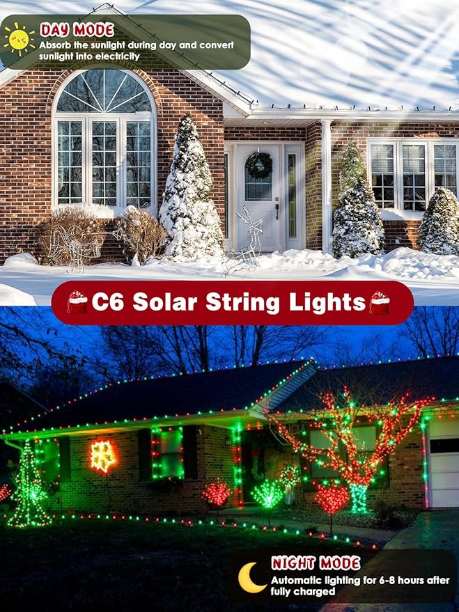 C6 Solar Christmas Lights Outdoor, 50 LED 16FT Christmas Decorations Outdoor Waterproof, Solar String Lights for Outside with 8 Modes, Fairy Twinkle Light for Tree Garden Xmas Decor (Red and Green)
