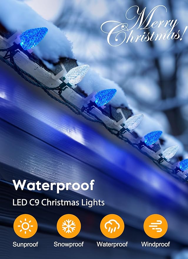 C9 LED Christmas Lights Outdoor, 68 Ft 100 LED String with clips, Waterproof Christmas Tree Lights for Outside Roofline, Garden Decor, Blue & White