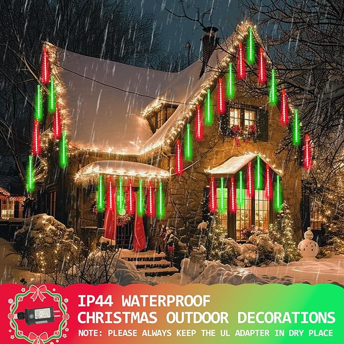 2-Pack Extendable Meteor Shower Christmas Lights Outdoor, 16 Tubes 384 LEDs Waterproof Falling Rain String Lights, Christmas String Lights Outdoor for Tree Garden Holiday Decorations (Red and Green)