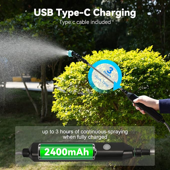 TOOVEM Electric Garden Sprayer, Portable Battery Powered Watering Wand, Rechargeable Plant Spray Mister with Telescopic Wand, 3 Adjustable Nozzles and 10ft Water Hose for Yard Lawn Weeds Plants