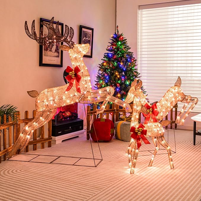 Tangkula 3 Pieces Lighted Christmas Reindeer, Holiday Reindeer Family Set with 255 Warm White Lights, Stakes, Indoor Outdoor Reindeer Christmas Decoration for Lawn Yard Garden