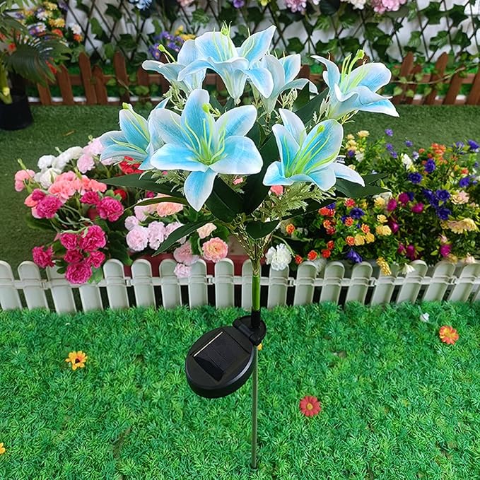 Garden Solar Lights Flowers, Automatic Lighting at Night, Waterproof Garden Decor for Yard Patio Pathway Lawn, Gardening Gifts for Women, Christmas Decoration, 7 Flowers (Lily - Blue, 1)