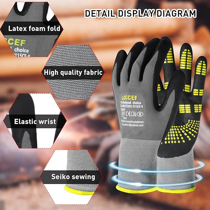 LOCCEF Safety Work Gloves MicroFoam Nitrile Coated-6 Pairs,Endurance Seamless Knit Nylon,Dots on palm,Tacky Dot Grip Gloves