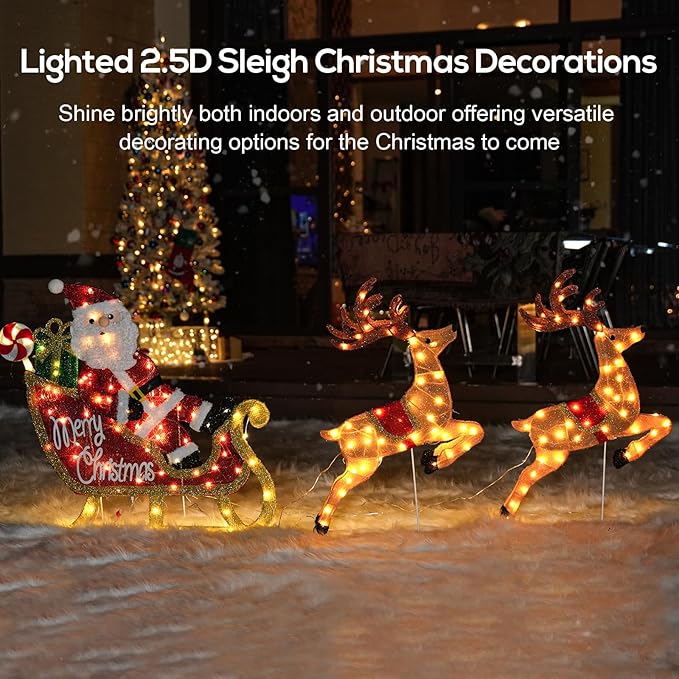 Hykolity 2.5D Santa Sleigh Ride Iron Outdoor Christmas Decoration, 170 Warm White LEDs with UL Transformer, Stained-Glass Fabric Figures Yard Decor