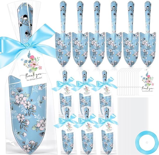 Capoda 12 Sets Floral Garden Shovels Bulk Gardening Gift for Women Mini Garden Tools Heavy Duty Floral Hand Trowels Thank You Cards with Gift Bags for Mom Birthday Teacher Employee (Blue,Bright)