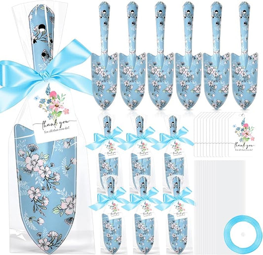 Capoda 12 Sets Floral Garden Shovels Bulk Gardening Gift for Women Mini Garden Tools Heavy Duty Floral Hand Trowels Thank You Cards with Gift Bags for Mom Birthday Teacher Employee (Blue,Bright)