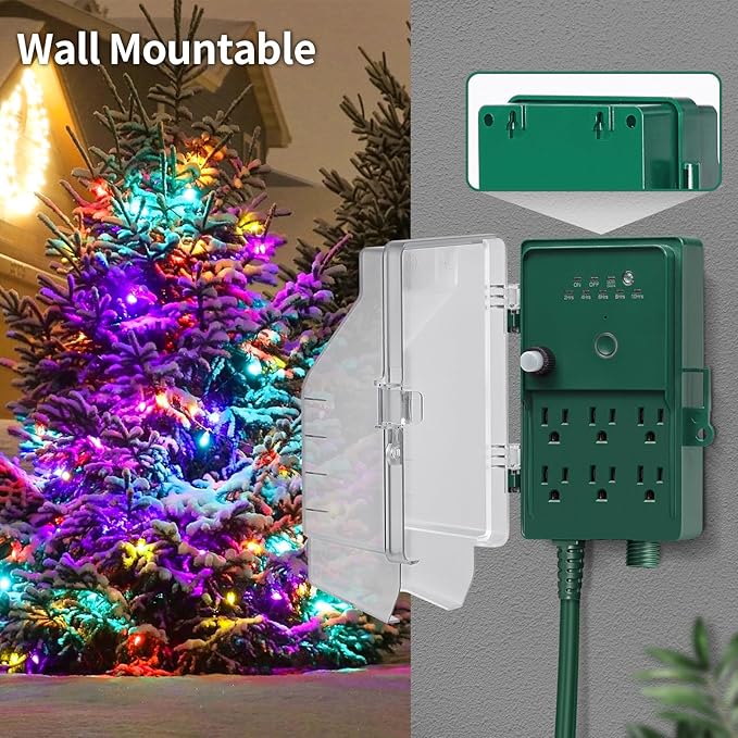 SURAIELEC Outdoor Power Stake Light Timer, Dusk to Dawn, 6 Electrical Outlet Power Strip Weatherproof, 6FT Extension Cord for Patio Lights, Sprinkler, Garden, Christmas Decorations, ETL Listed