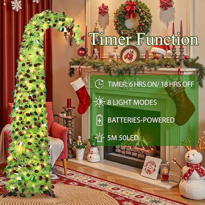 HMASYO 5 FT Whimsical Pop Up Christmas Tree with Timer Lights, Lime Green Christmas Tinsel Tree Collapsible Artificial Pencil Tree for Indoor Home Apartment Porch Holiday Party Decorations