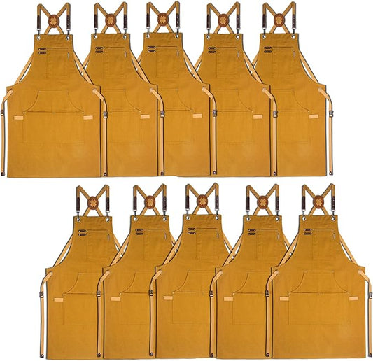 10 Pack Kitchen Aprons, Work Apron, Canvas, Multiple Pockets, Gardening, Painting, BBQ, Artist, Carpenter, Sizes M to XXL, Khaki