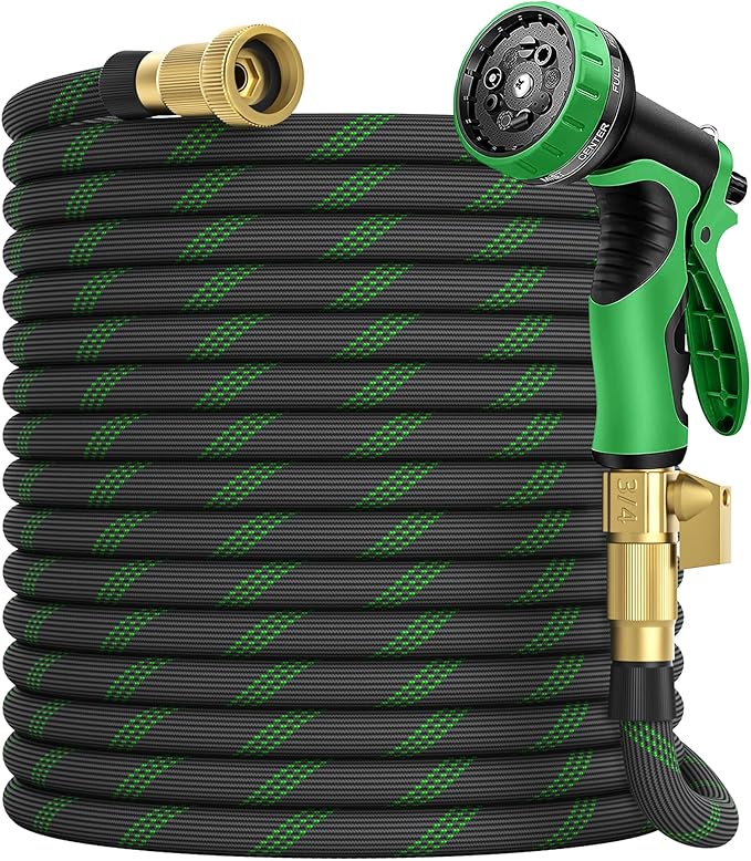 75 ft Garden Hose, 2025 Upgarded Flexible Water Hose 75ft With 10-Pattern Spray Nozzle, Kink-Free, Lightweight, Durable, Leak-Proof Solid Brass Fittings (Black & Green)