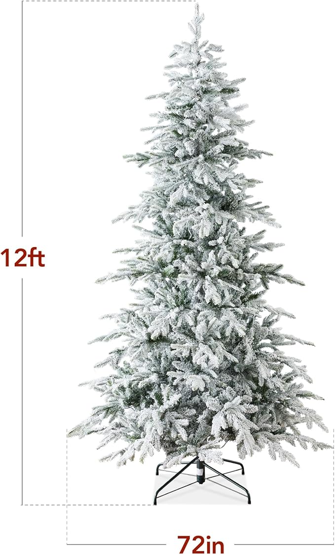 Best Choice Products Lighted Aspen Christmas Tree, 12ft Flocked Artifical Noble Fir, Pre-Lit White & Multicolored LED Lights Premium Holiday Décor - Green