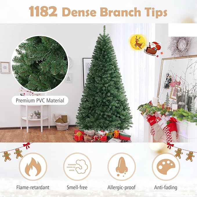 GOFLAME 8FT Prelit Artificial Christmas Tree, Hinged Xmas Tree with 1182 Branch Tips, 400 Warm White LED Lights, 8 Lighting Modes, Holiday Decoration Tree for Home Office Party
