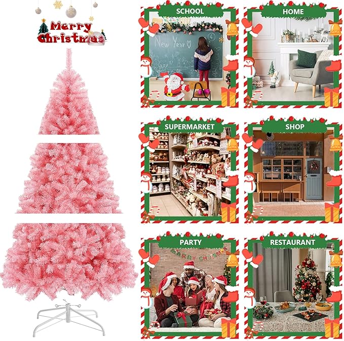 Juegoal 7.5 FT Artificial Christmas Tree (NOT Pre-Strung) with 450 LED Warm White String Lights, Spruce Hinged Tree, 8 Lighting Modes, Fake Xmas Pine Tree with Metal Legs, 1350 Branch Tips, Pink