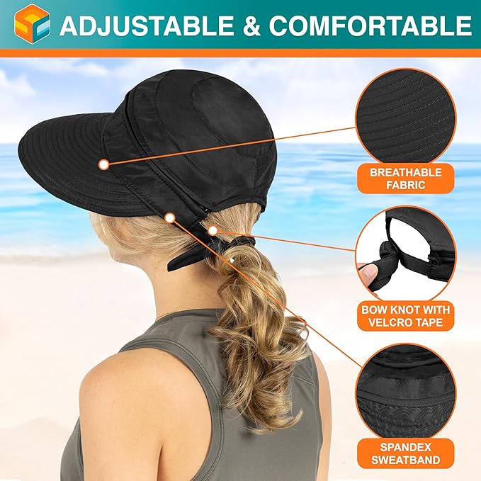 SUN CUBE Women Sun Hat for Outdoor UV Protection, Wide Brim Sun Hat Ponytail, Convertible Zip-Off Beach Hat Visor