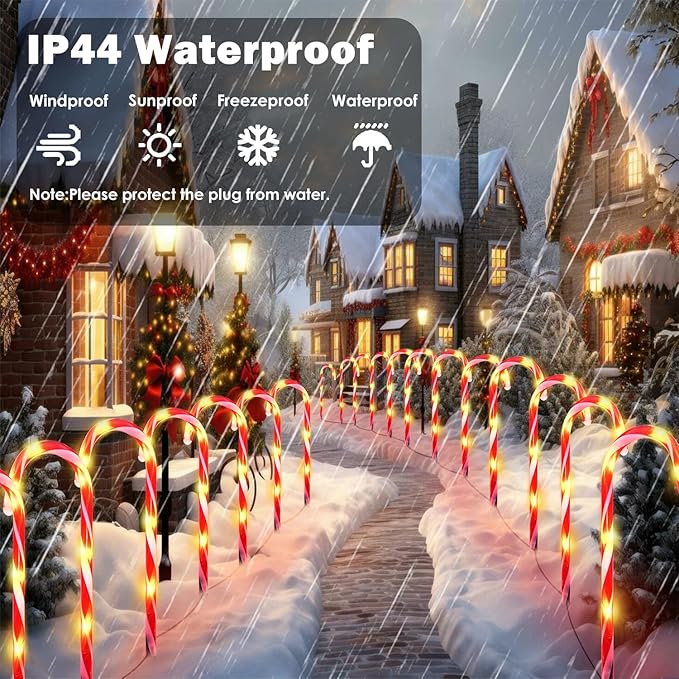 24 Pack Christmas Candy Cane Lights, Christmas Decorations Outdoor Waterproof with 8 Lighting Modes & Memory Function, Plug in Pathway Light for Outside Path Walkway Party Garden Yard Patio Xmas Decor
