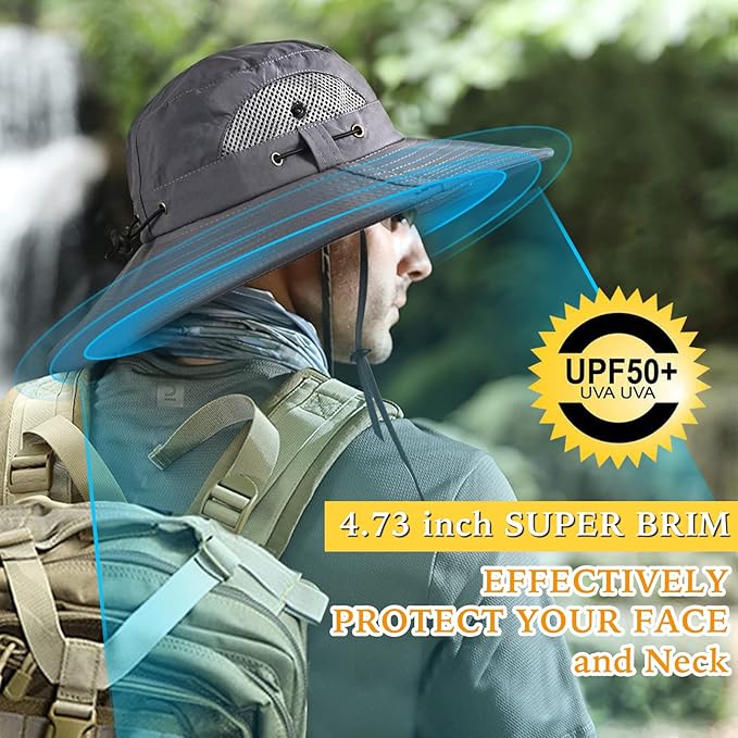 Wide Brim Fishing Sun Hat for Men Women, UPF 50+ Waterproof Bucket Boonie Hat Hiking Camping Safari Garden Beach