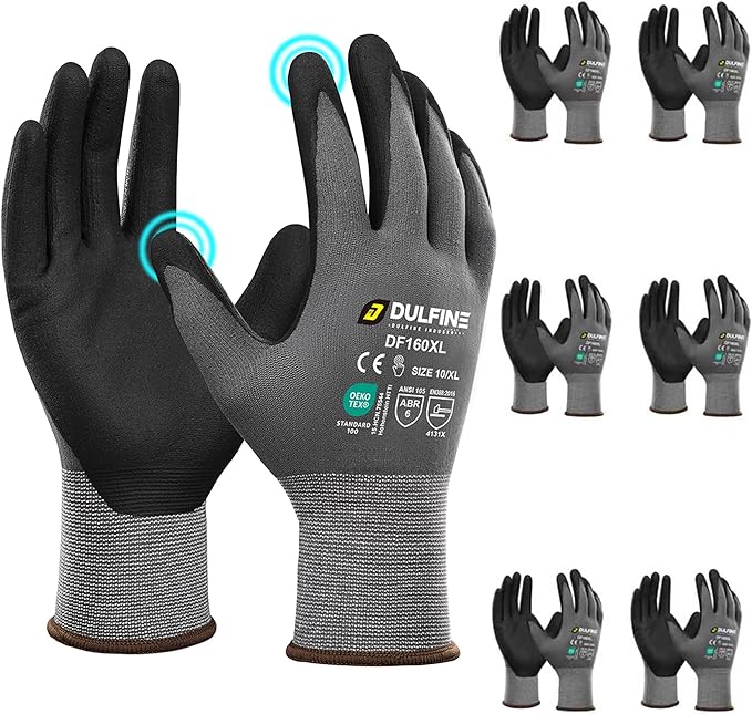 DULFINE Safety Work Gloves MicroFoam Nitrile Coated-6 Pairs Pack,Seamless Knit Nylon Glove with Black Micro-Foam Nitrile Grip,Ideal for General Purpose,Automotive,Home Improvement,Painting(Small)