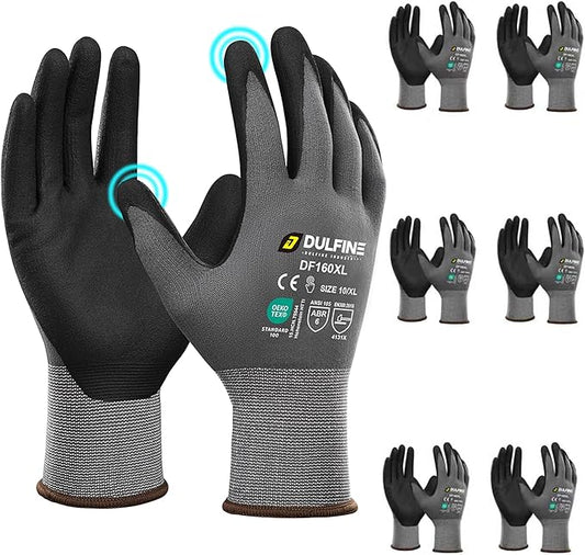 DULFINE Safety Work Gloves MicroFoam Nitrile Coated-6 Pairs Pack,Seamless Knit Nylon Glove with Black Micro-Foam Nitrile Grip,Ideal for General Purpose,Automotive,Home Improvement,Painting(Large)